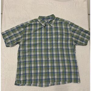 Eddie Bauer Plaid Button Shirt XL Green Blue Short Sleeves